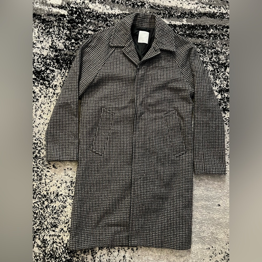 Sandro Black & White Houndstooth Long Pea Coat